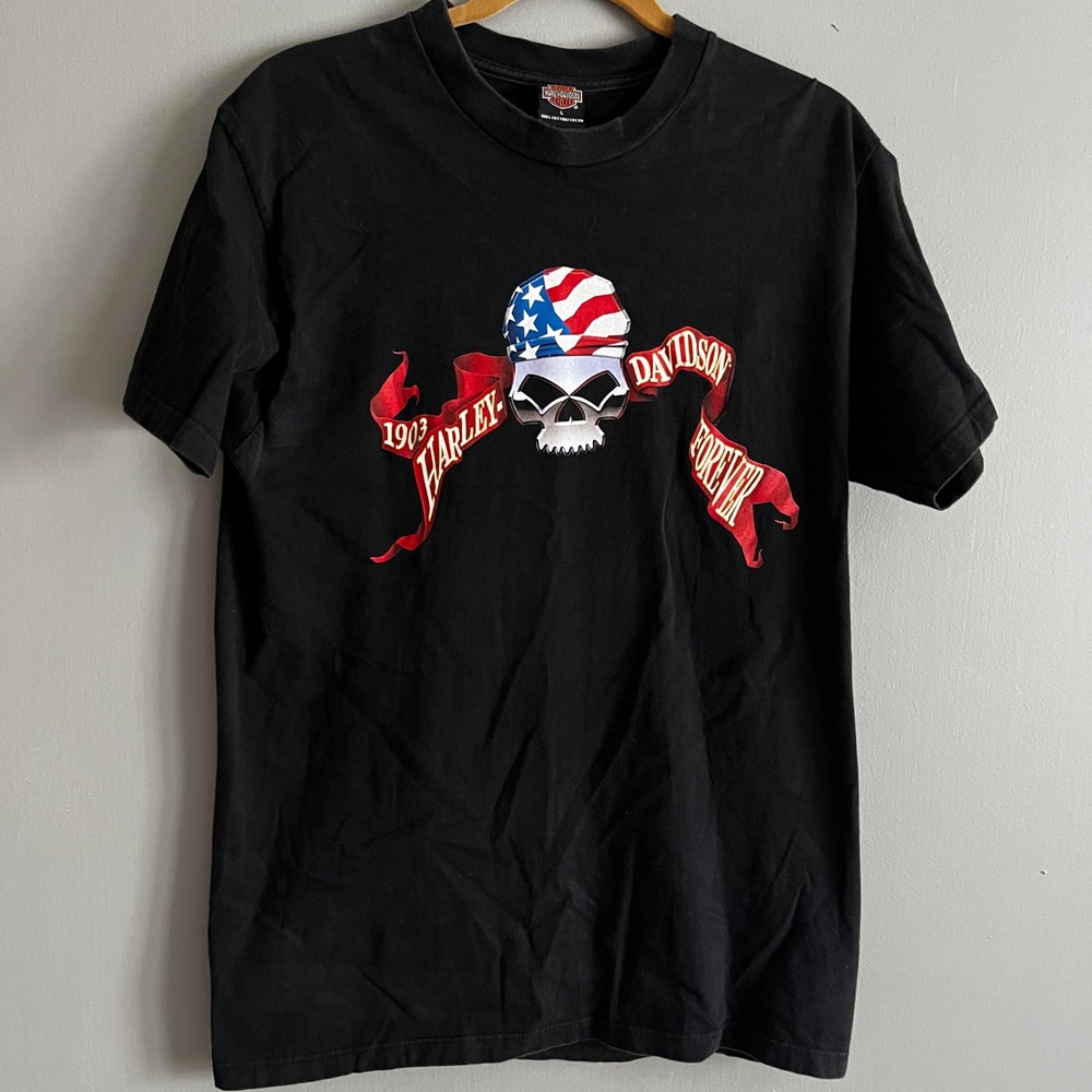 Vtg Harley Davidson Mens Black Skull Flag Graphic T Shirt Tee Size L Monroe LA